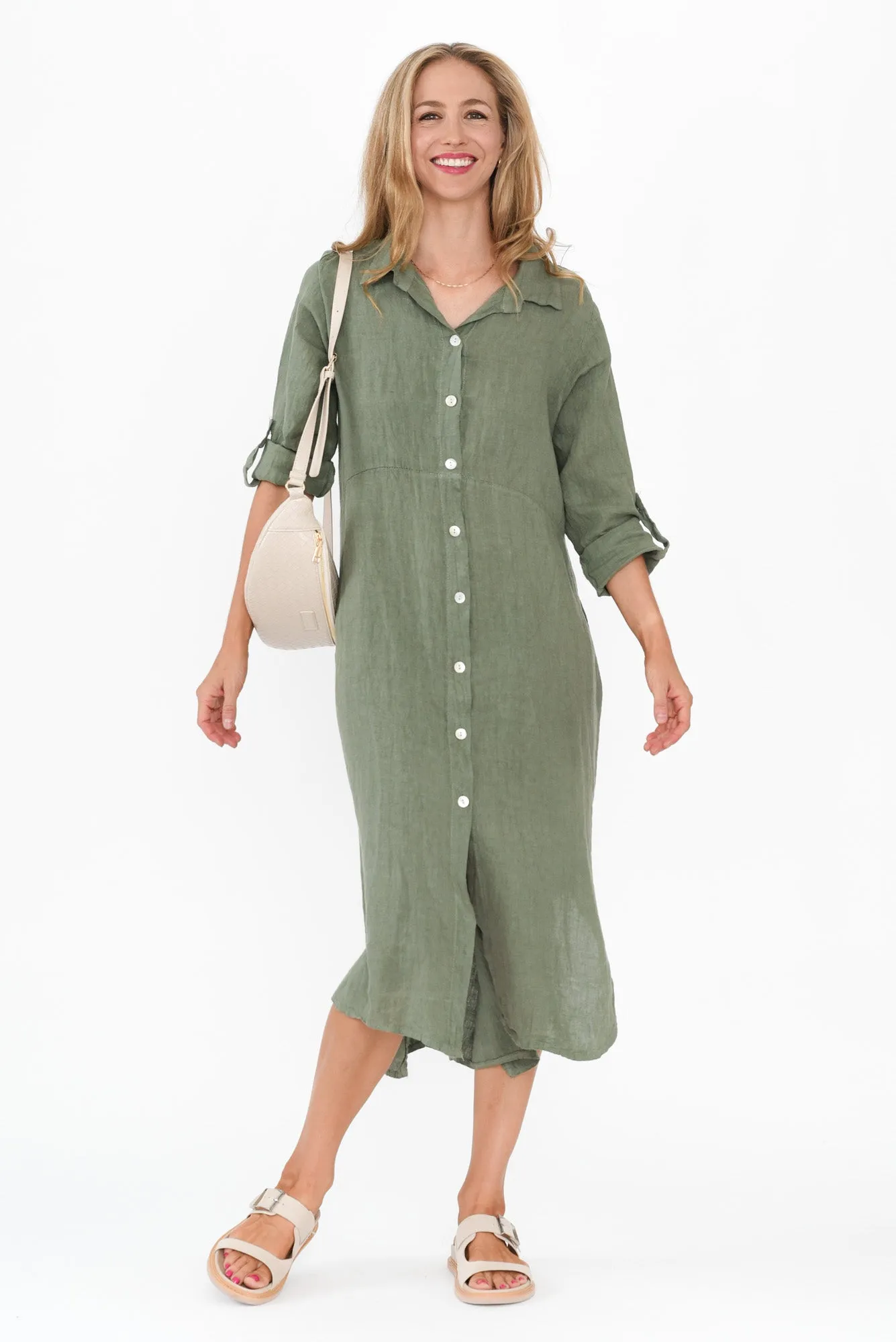 Elin Khaki Linen Shirt Dress sold by Blue Bungalow