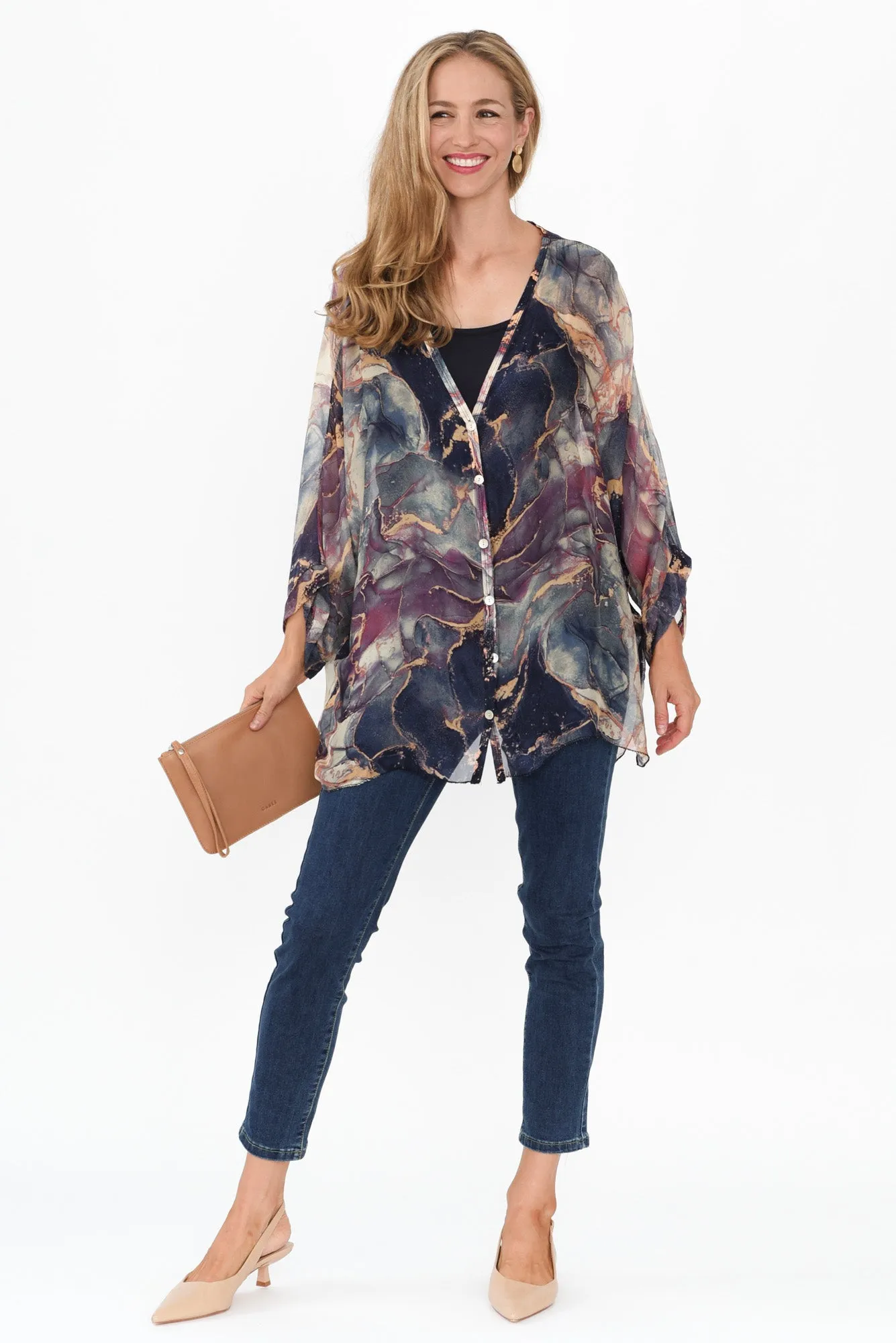 Sarita Navy Abstract Silk Button Top sold by Blue Bungalow product image thumbnail 2