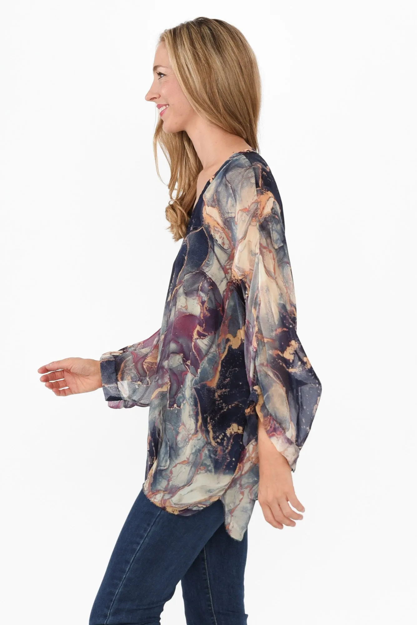 Sarita Navy Abstract Silk Button Top sold by Blue Bungalow product image thumbnail 3