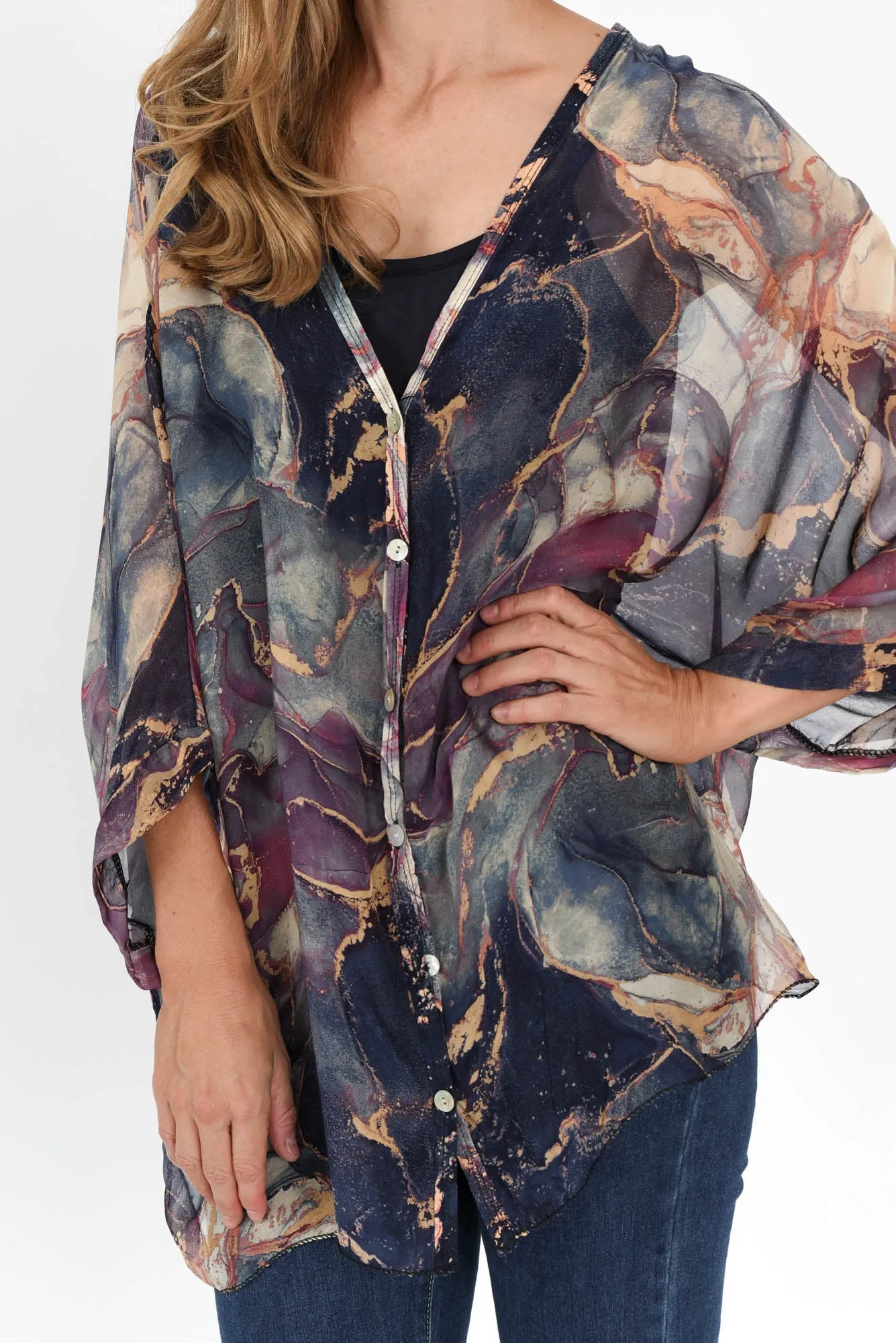 Sarita Navy Abstract Silk Button Top sold by Blue Bungalow product image thumbnail 5