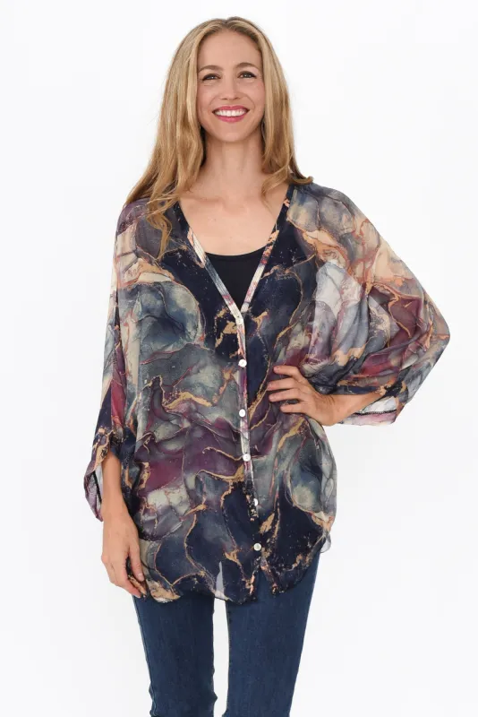 Sarita Navy Abstract Silk Button Top sold by Blue Bungalow