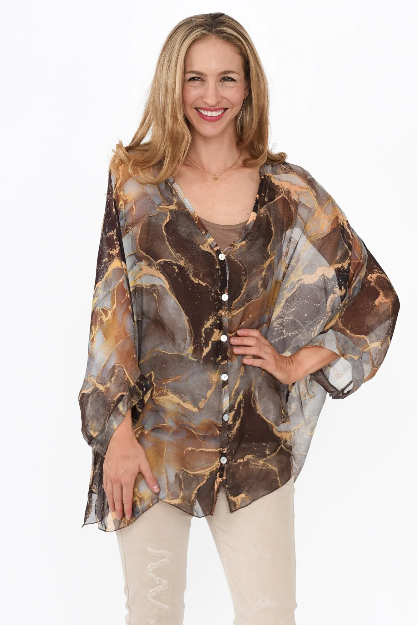 Sarita Brown Abstract Silk Button Top sold by Blue Bungalow