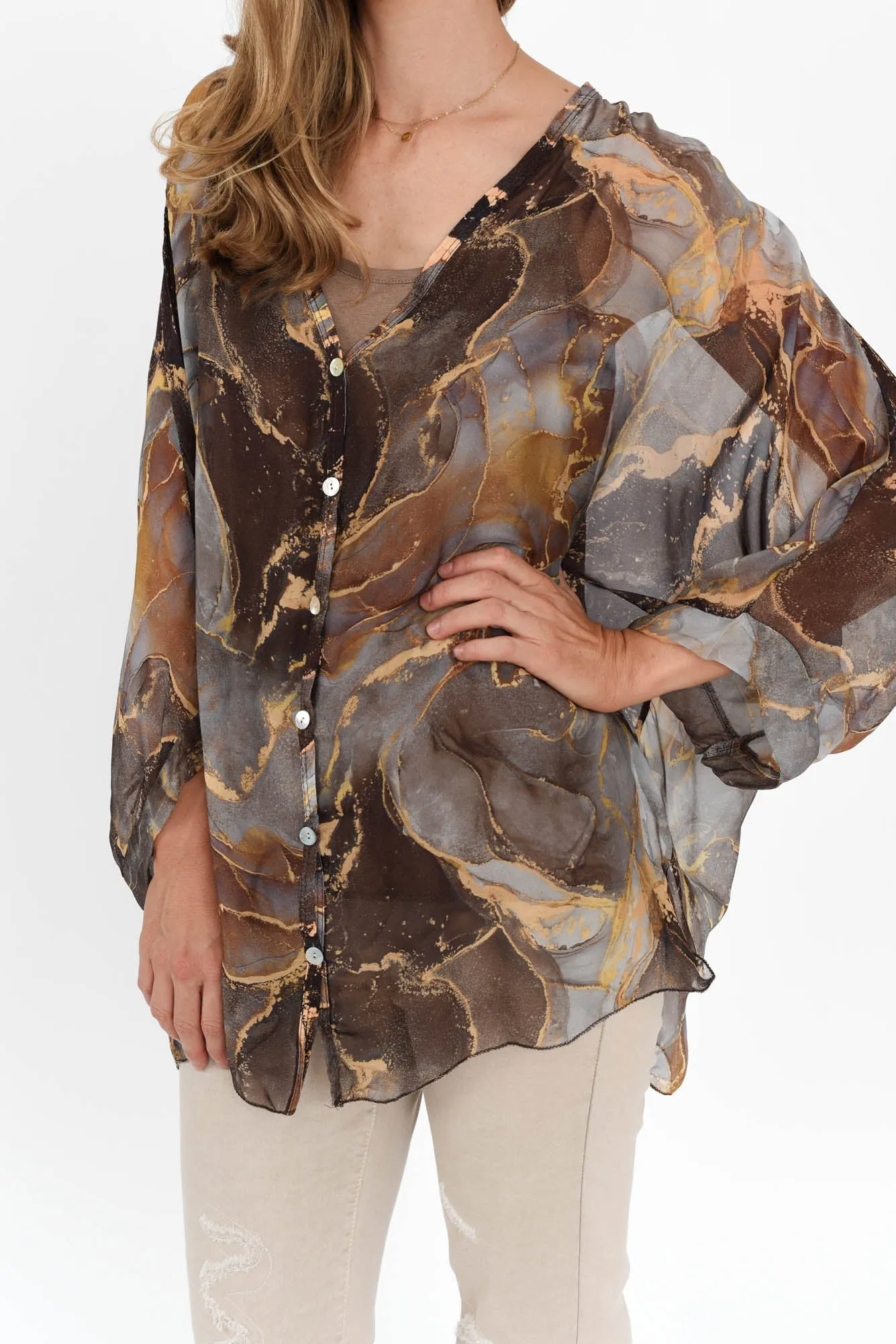 Sarita Brown Abstract Silk Button Top sold by Blue Bungalow product image thumbnail 5