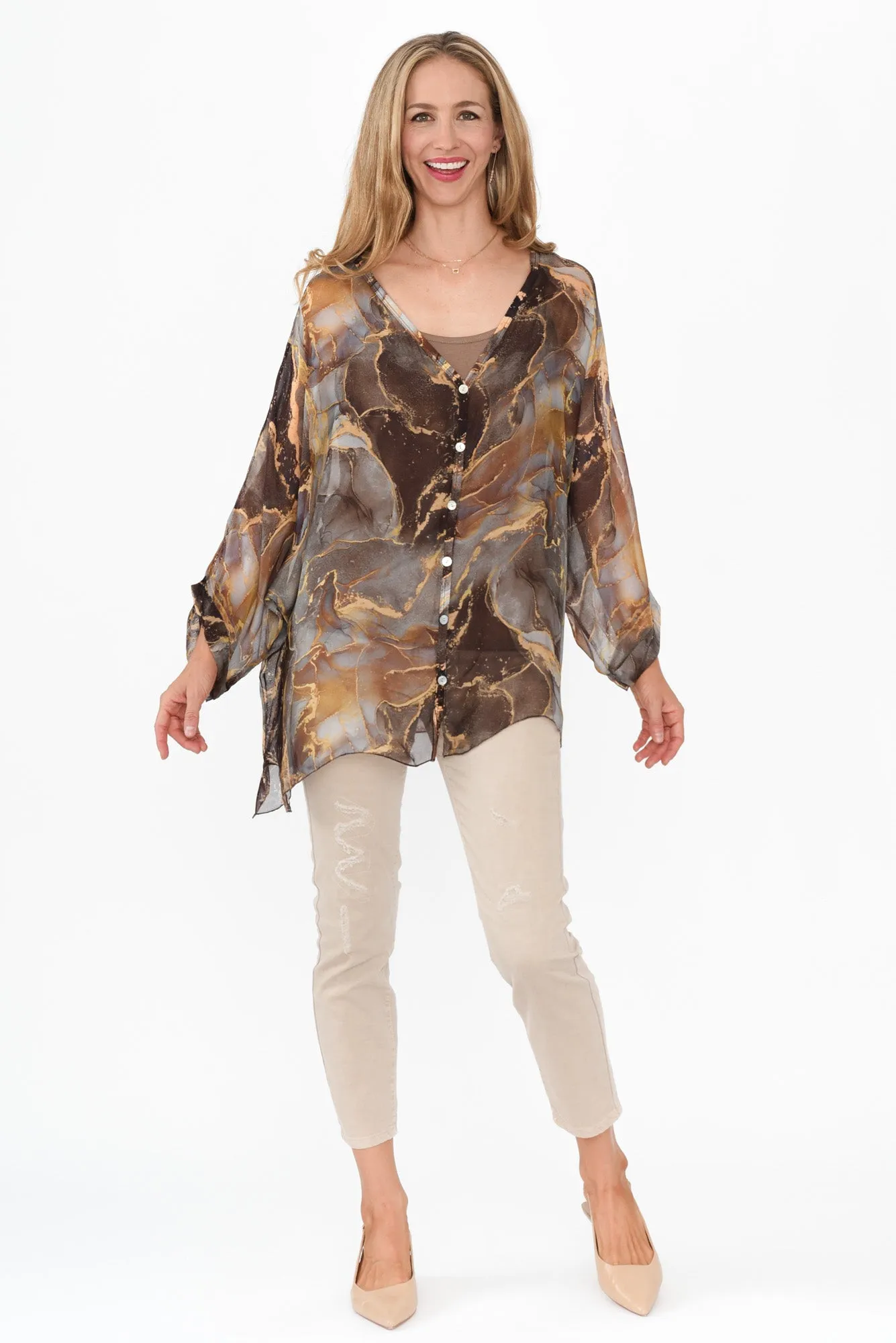 Sarita Brown Abstract Silk Button Top sold by Blue Bungalow product image thumbnail 2