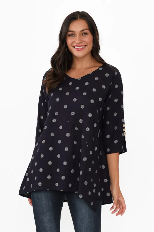 Minnie Navy Spot Linen Cotton Top sold by Blue Bungalow