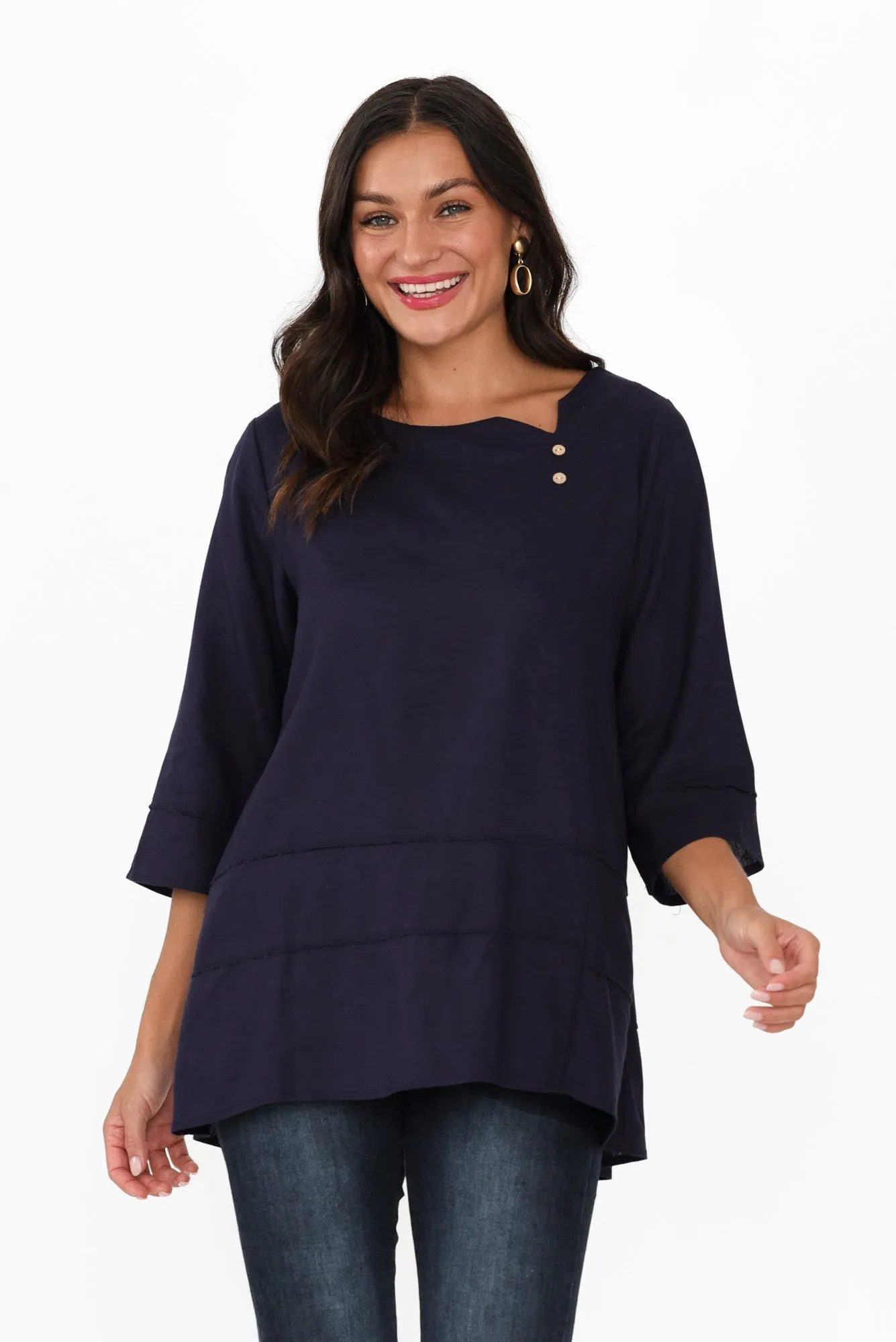 Linda Navy Linen Cotton Top sold by Blue Bungalow