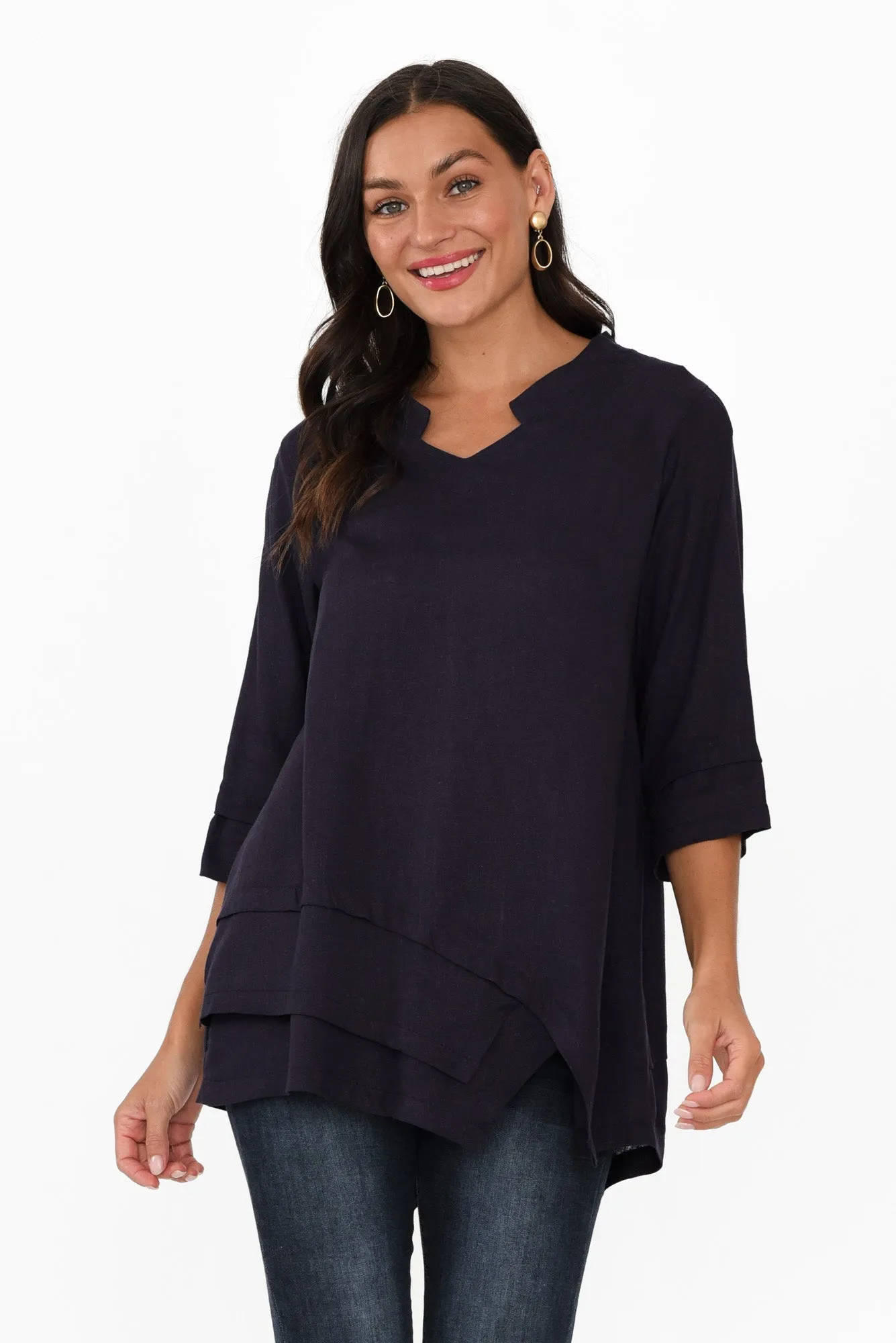 Kilda Navy Linen Cotton Top sold by Blue Bungalow