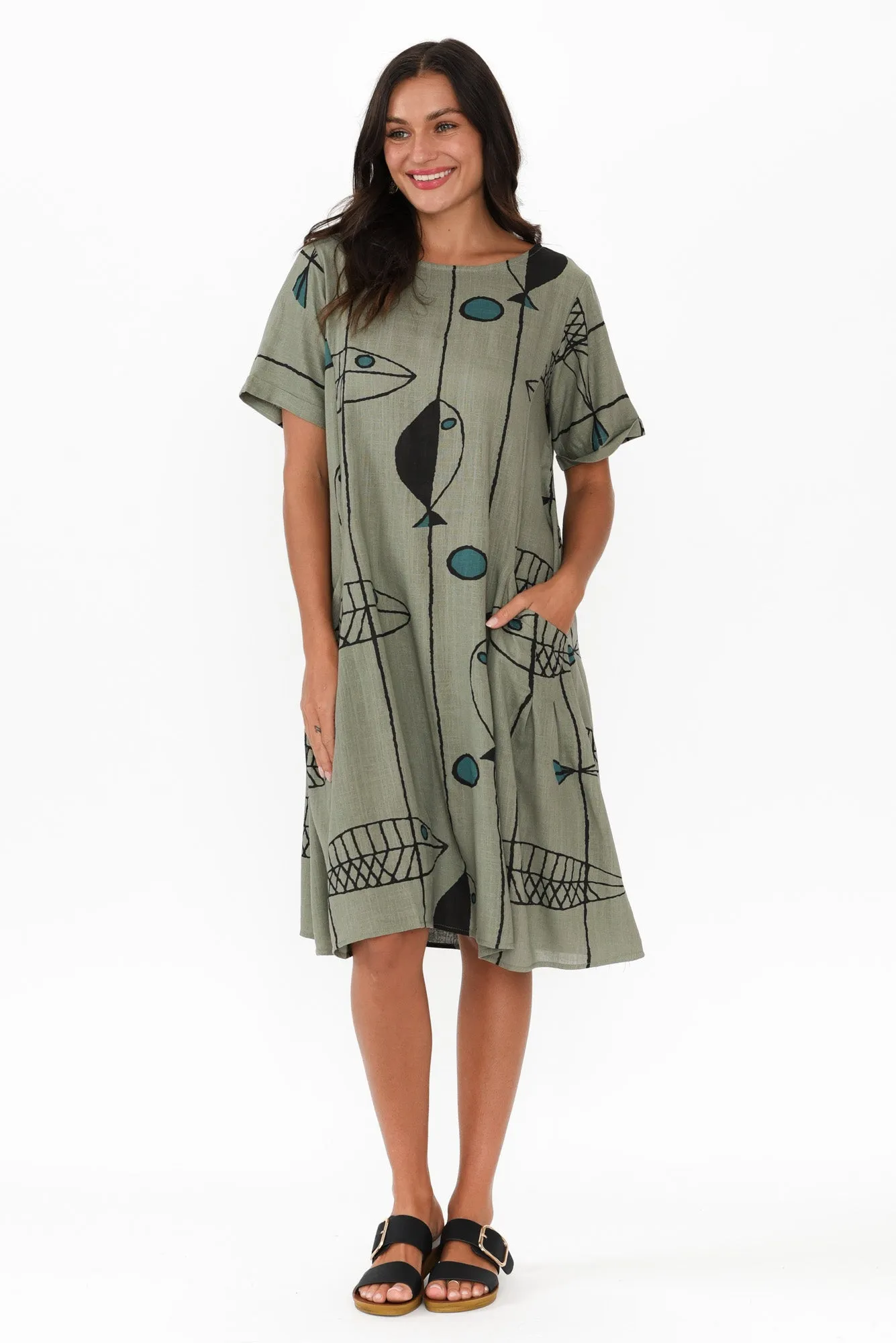 Shayann Khaki Sea Linen Cotton Dress sold by Blue Bungalow