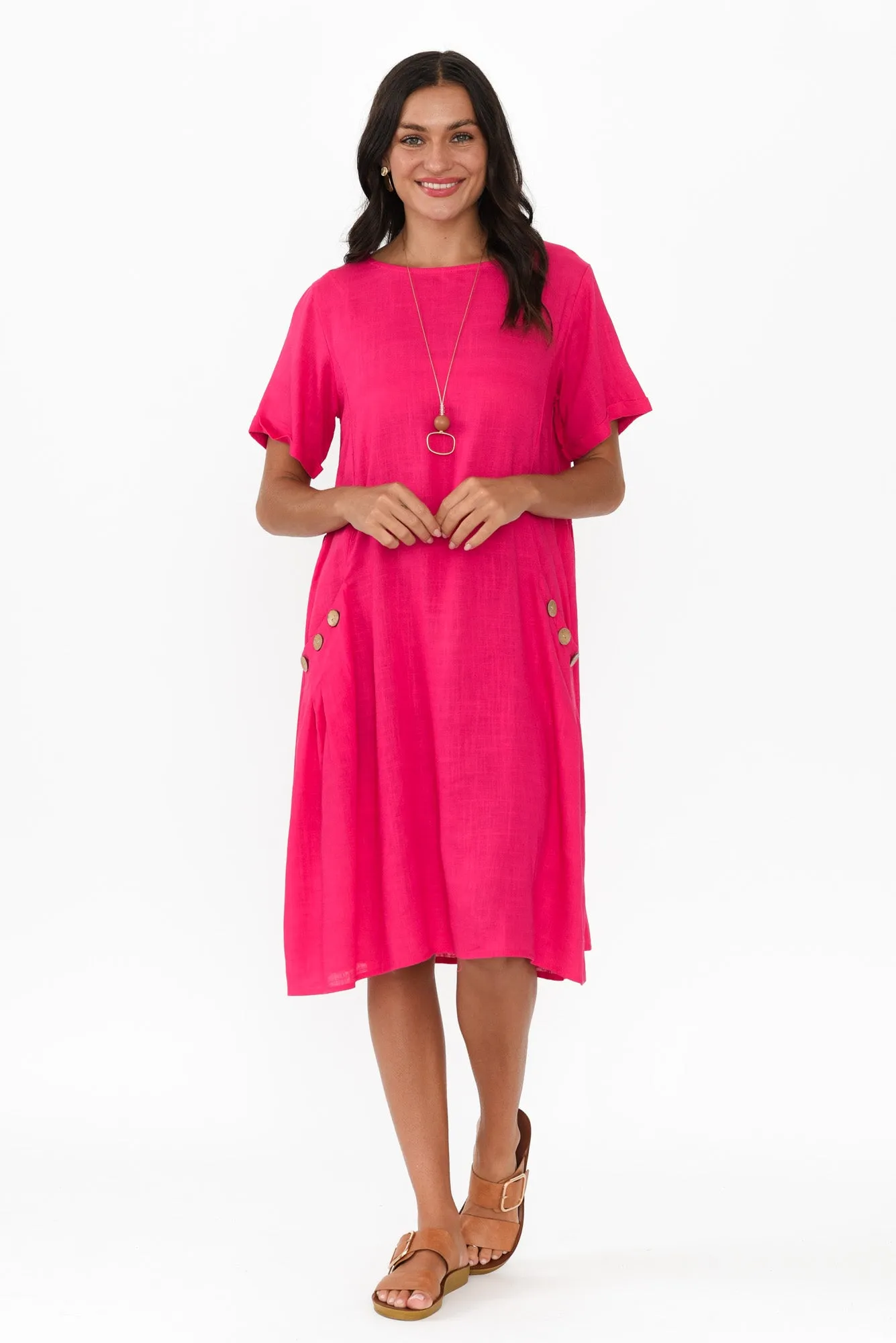 Tyreke Hot Pink Linen Cotton Dress sold by Blue Bungalow