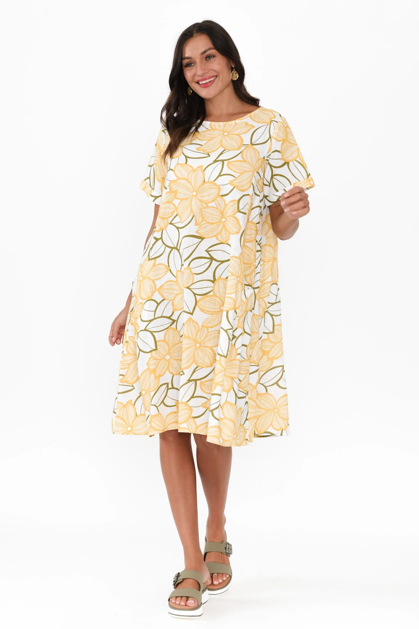 Shayann Yellow Floral Linen Cotton Dress sold by Blue Bungalow