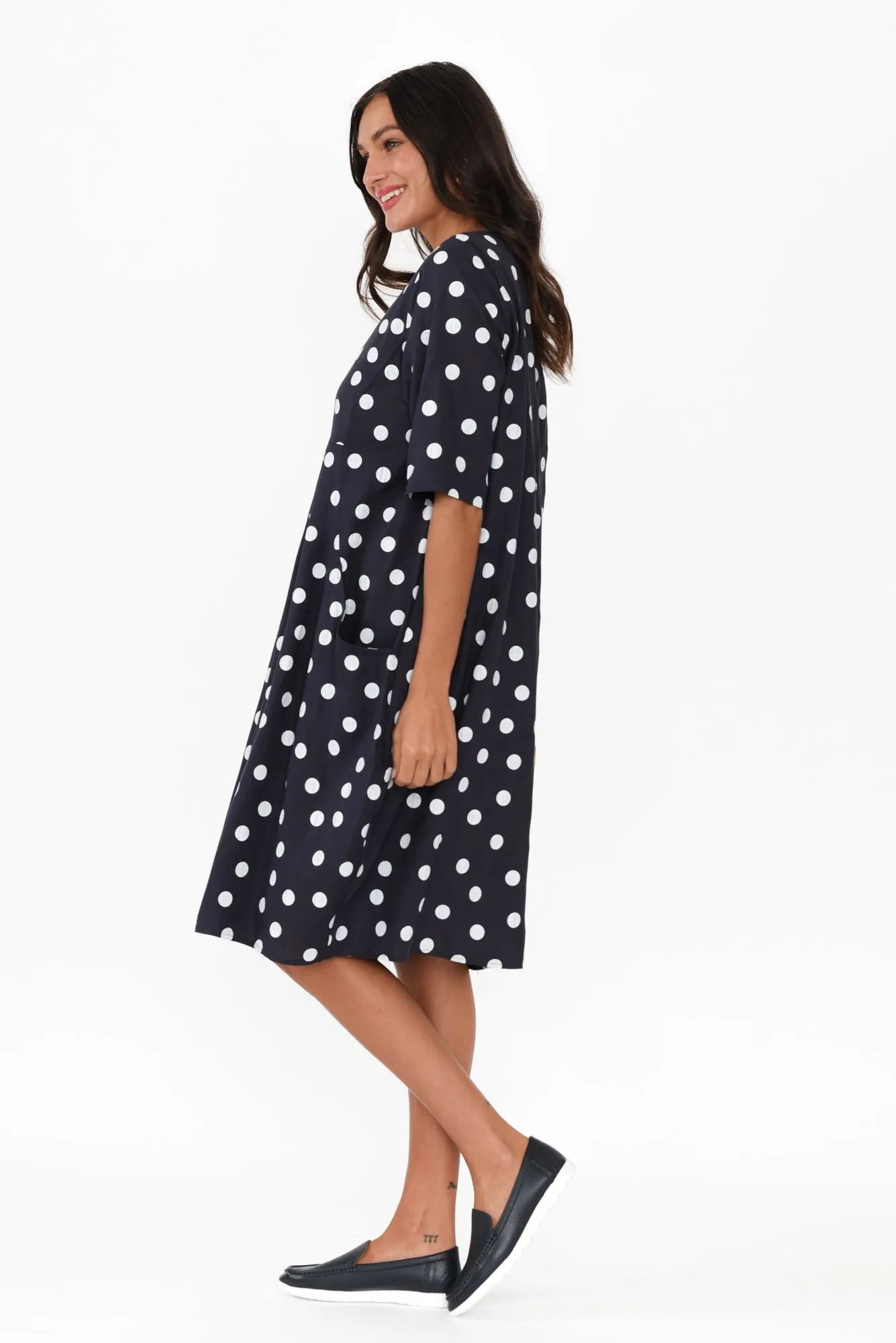Myley Navy Spot Linen Cotton Dress sold by Blue Bungalow product image thumbnail 3
