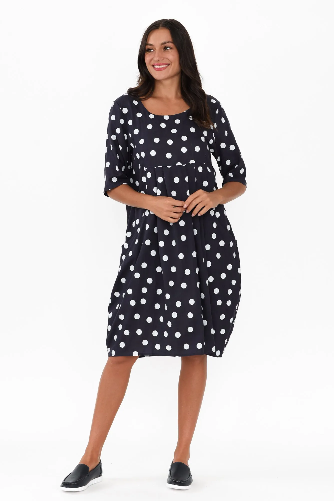 Myley Navy Spot Linen Cotton Dress sold by Blue Bungalow product image thumbnail 2