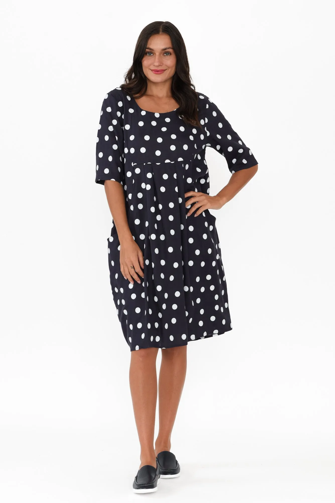 Myley Navy Spot Linen Cotton Dress sold by Blue Bungalow