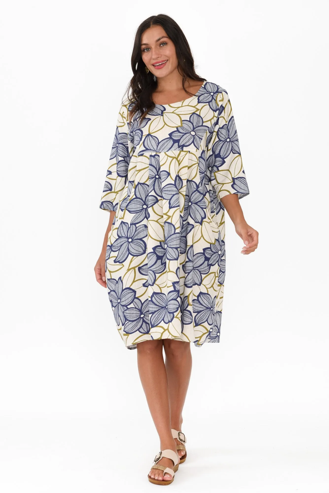 Myley Blue Flower Linen Cotton Dress sold by Blue Bungalow product image thumbnail 2