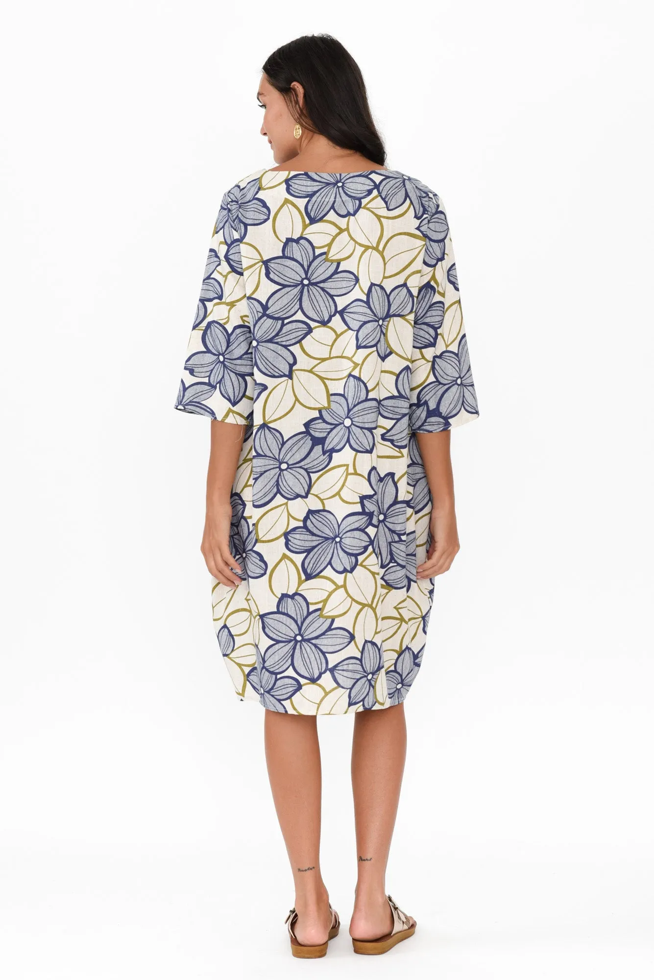 Myley Blue Flower Linen Cotton Dress sold by Blue Bungalow product image thumbnail 4