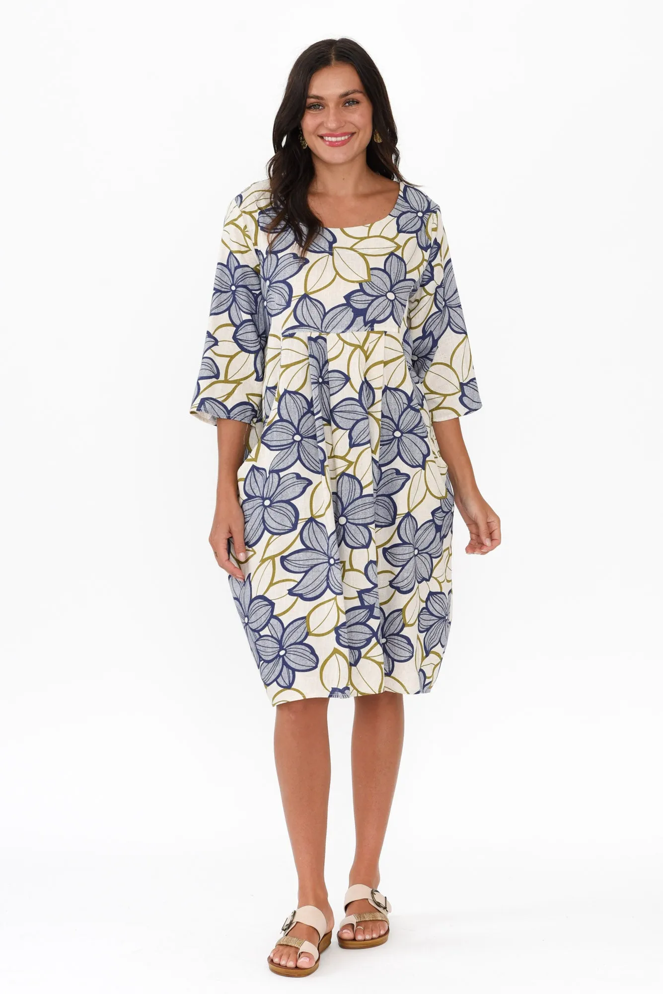 Myley Blue Flower Linen Cotton Dress sold by Blue Bungalow
