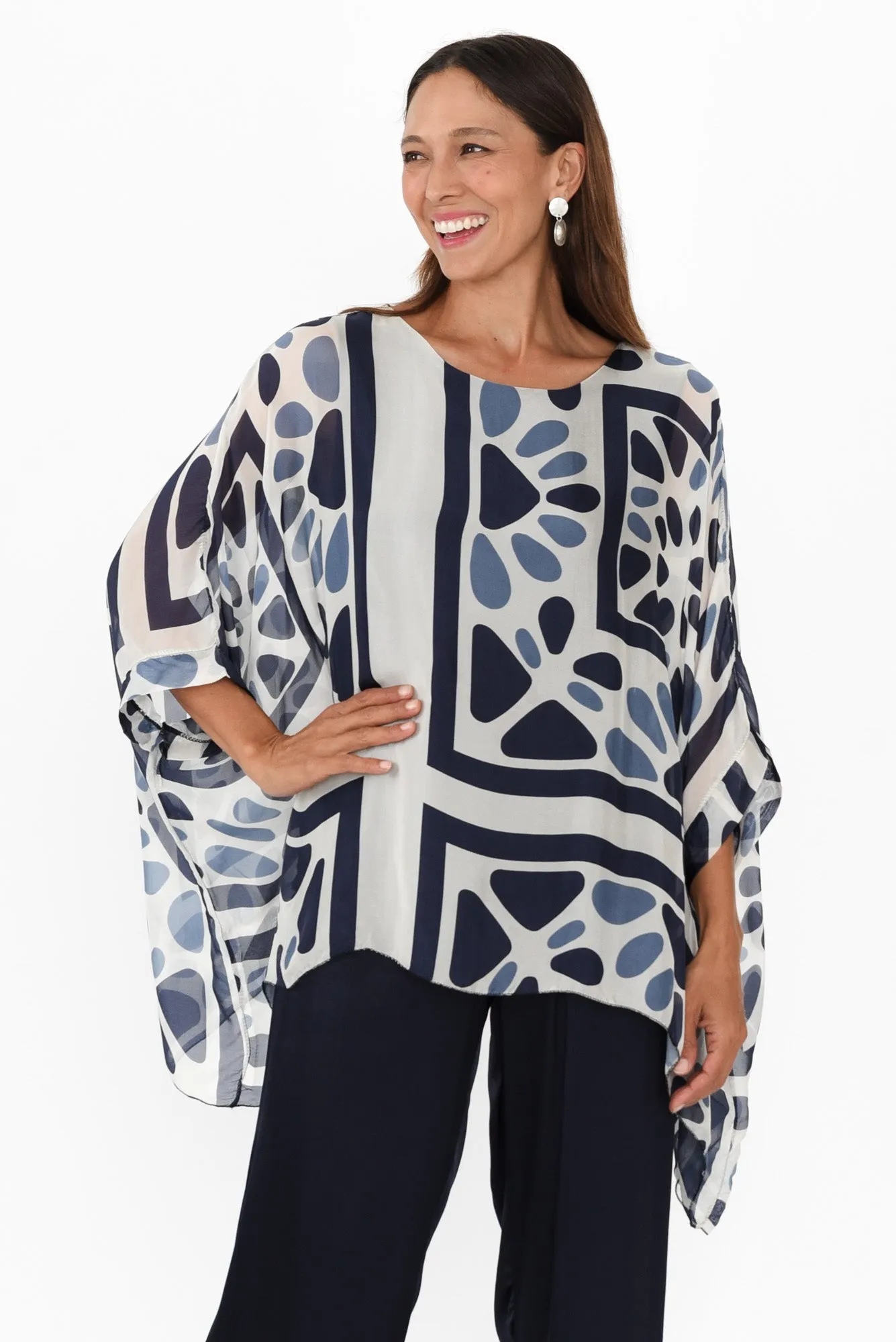 Riva Blue Geo Silk Overlay Top sold by Blue Bungalow