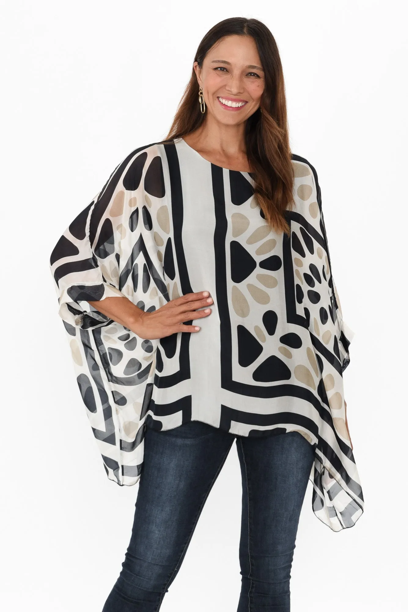 Riva Black Geo Silk Overlay Top sold by Blue Bungalow