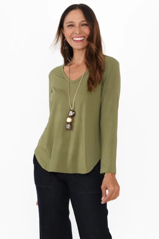 Sia Olive Bamboo V Neck Top sold by Blue Bungalow