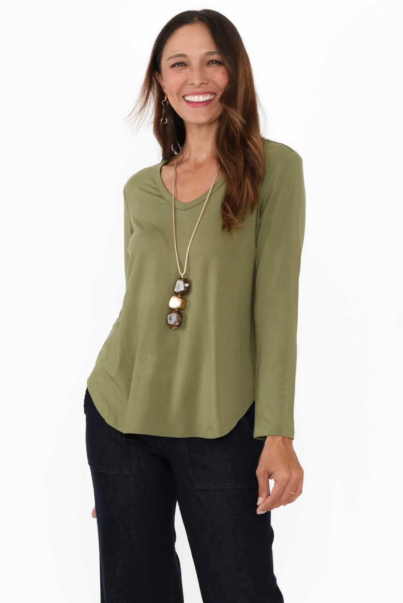 Sia Olive Bamboo V Neck Top sold by Blue Bungalow