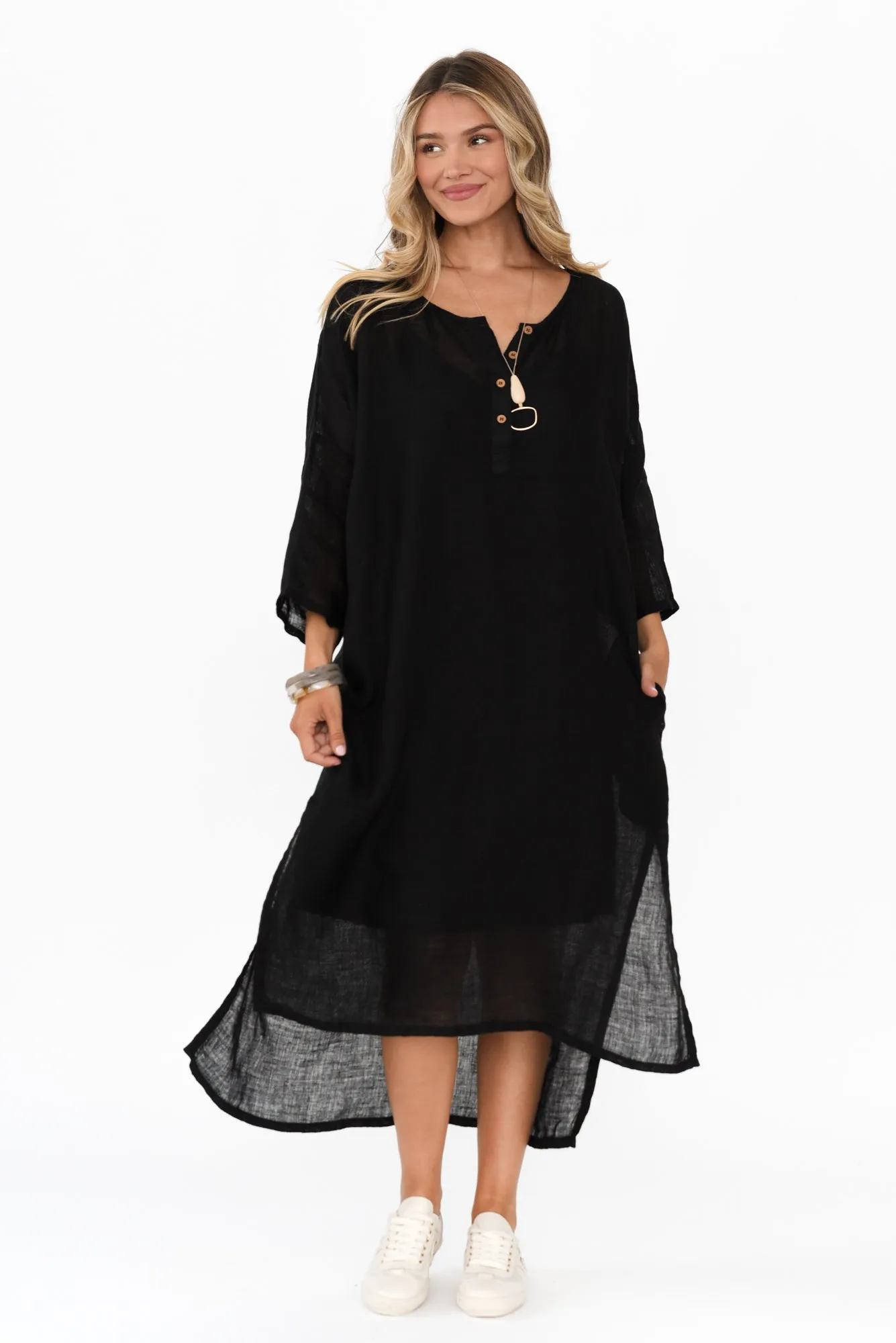 Analia Black Linen Kaftan sold by Blue Bungalow
