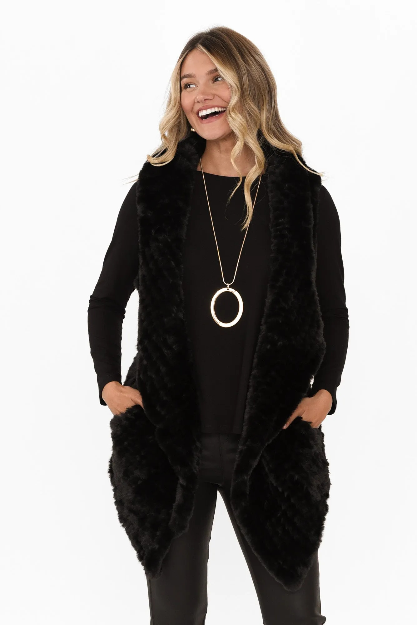 Haywood Black Faux Fur Vest sold by Blue Bungalow