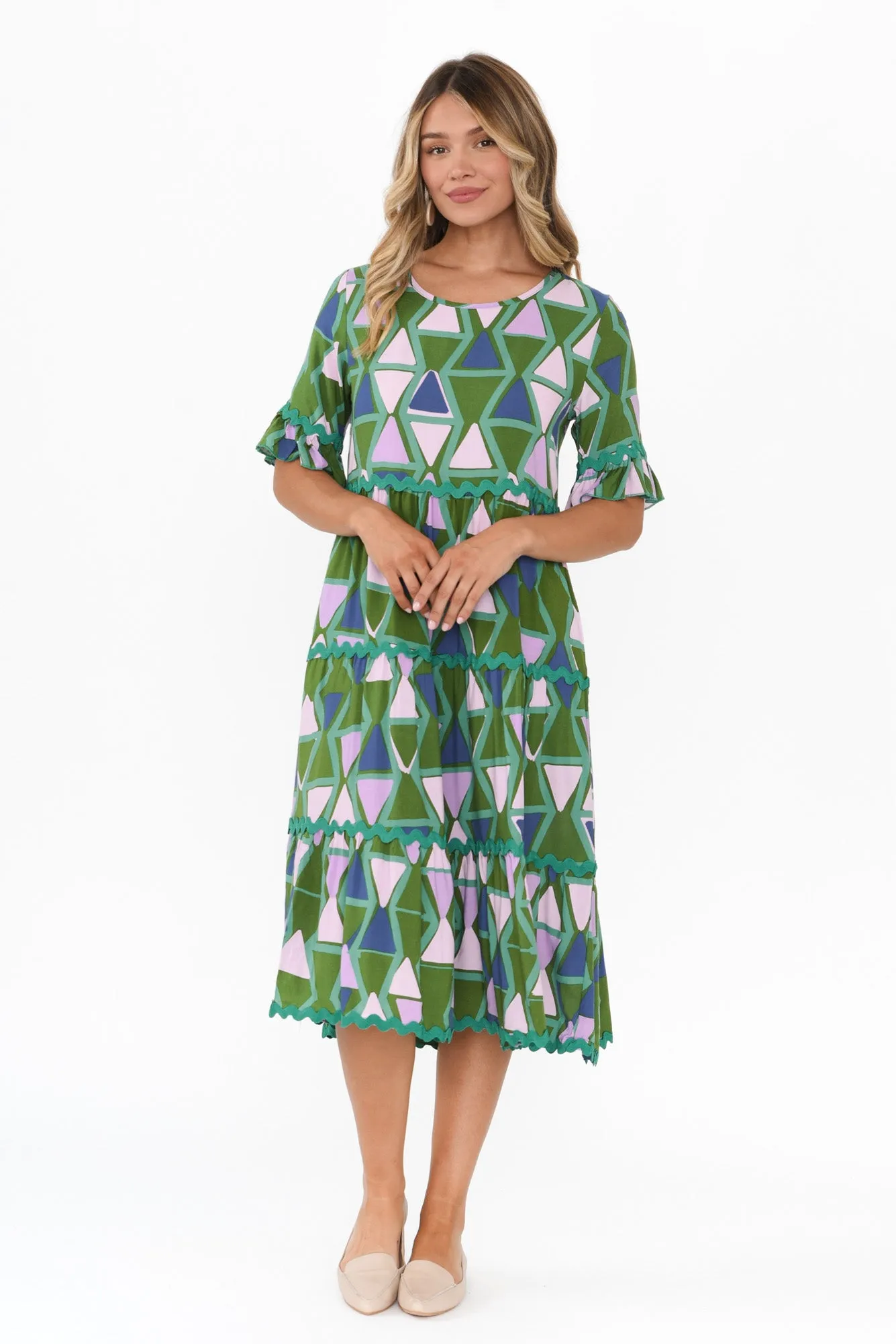 Cecelia Green Geo Tier Dress sold by Blue Bungalow