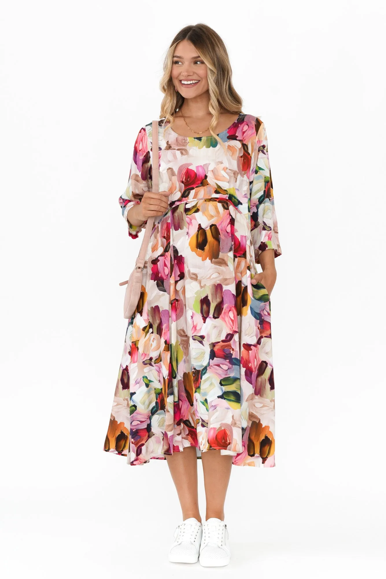 Zaelia Purple Floral Sleeved Crescent Dress sold by Blue Bungalow