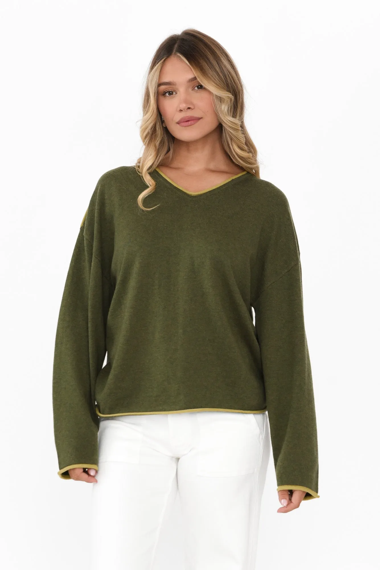 Beau Green Trim Cotton Blend Jumper sold by Blue Bungalow