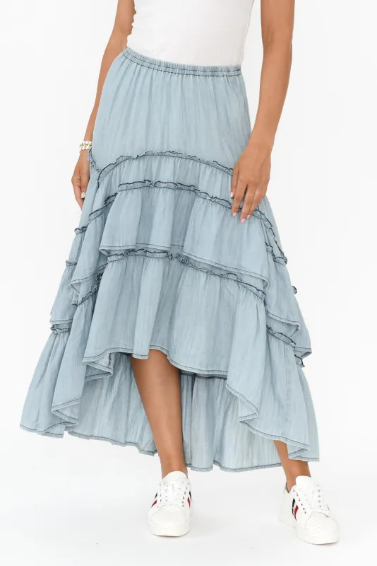 Sassy Light Blue Denim Tiered Skirt sold by Blue Bungalow