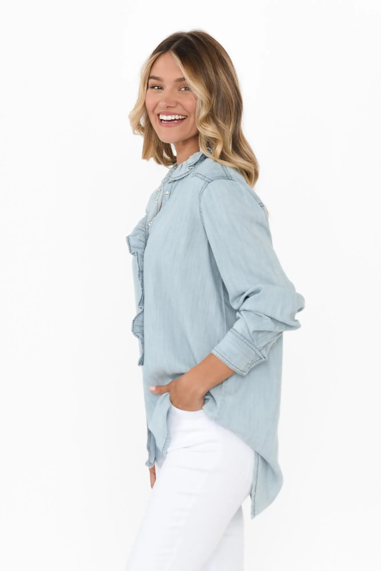 Pedro Light Blue Denim Frill Shirt sold by Blue Bungalow product image thumbnail 3