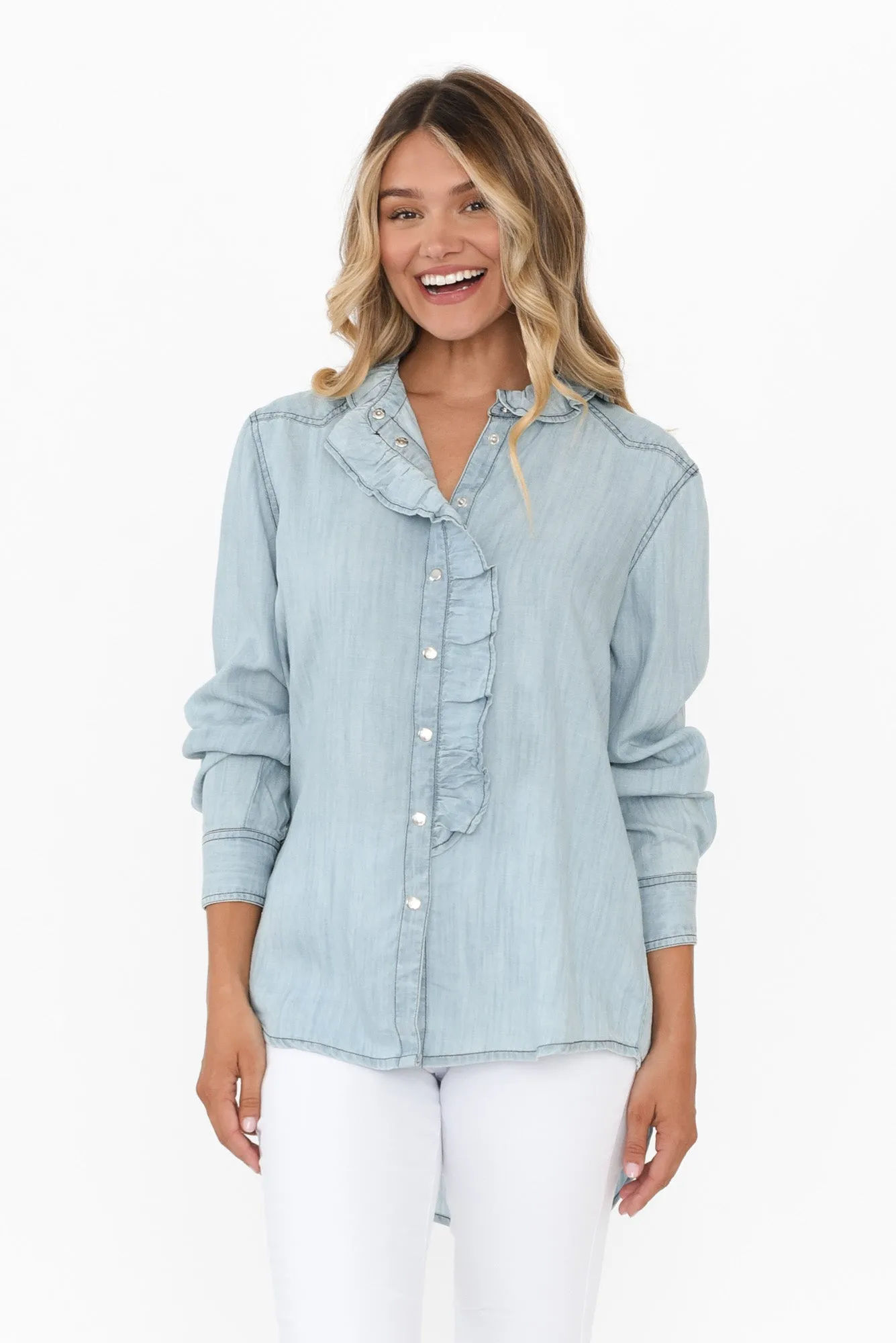 Pedro Light Blue Denim Frill Shirt sold by Blue Bungalow