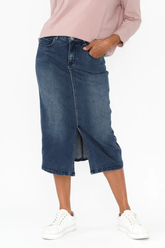 Kylie Dark Wash Denim Midi Skirt sold by Blue Bungalow
