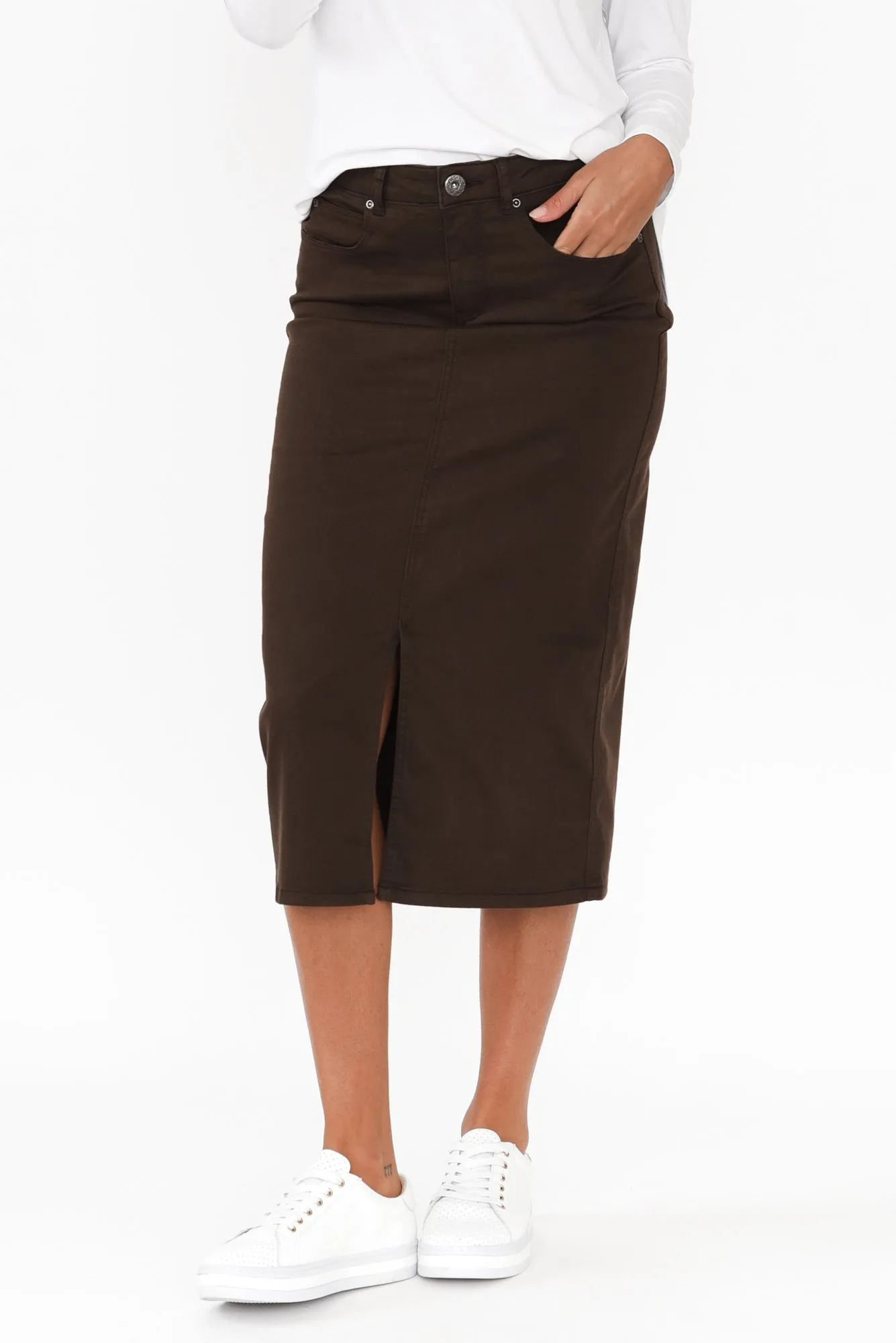Harriet Chocolate Denim Midi Skirt sold by Blue Bungalow