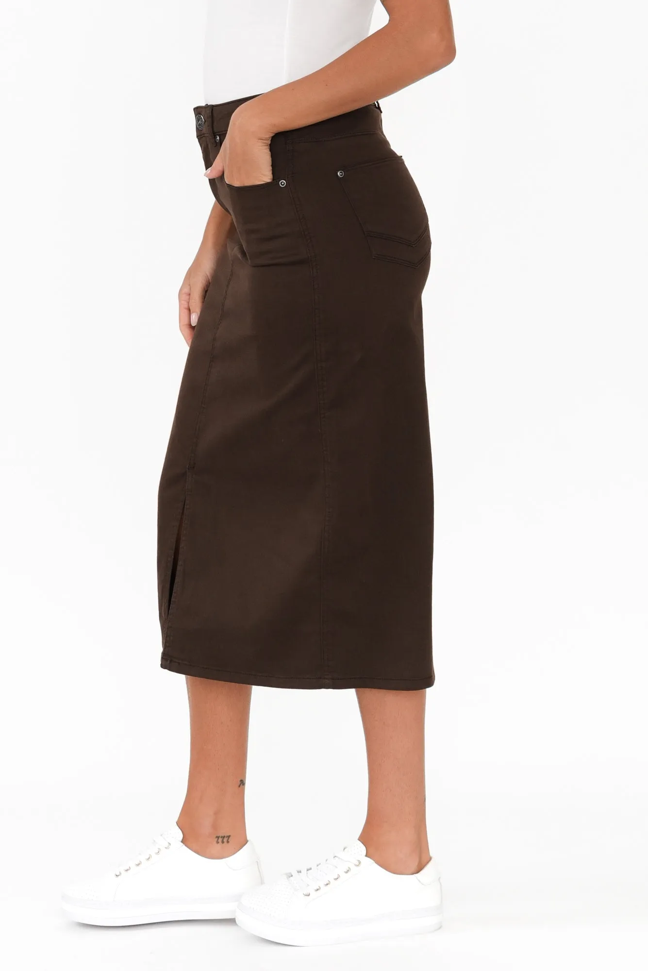 Harriet Chocolate Denim Midi Skirt sold by Blue Bungalow product image thumbnail 3