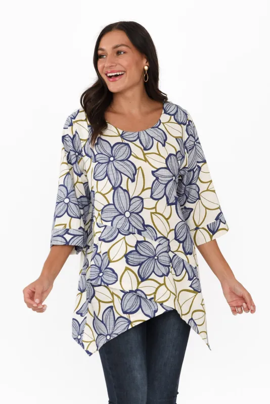 Anya Blue Flower Linen Cotton Top sold by Blue Bungalow