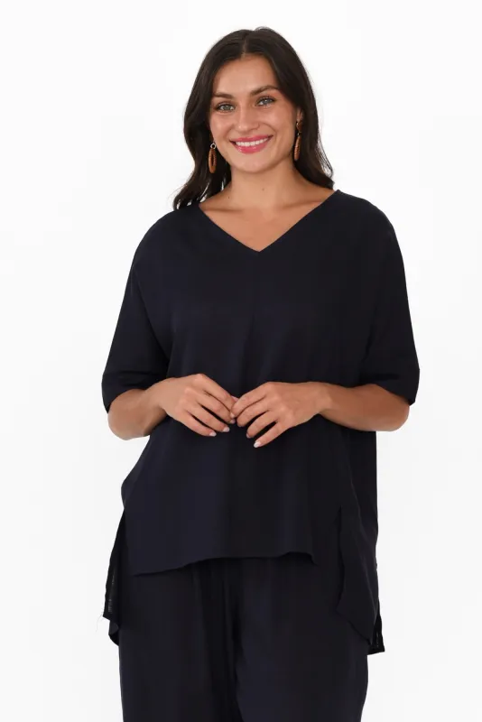 Patsy Navy Linen Cotton Top sold by Blue Bungalow