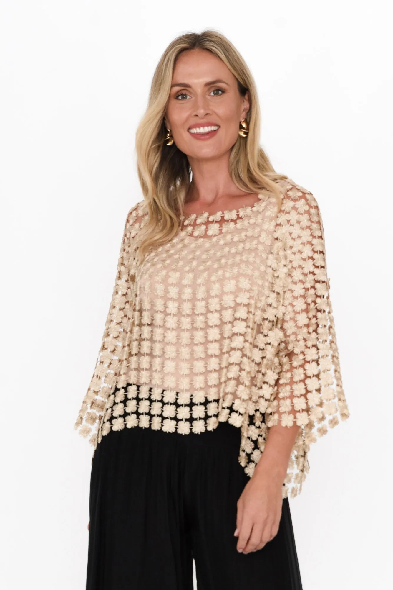Carera Gold Embroidered Overlay Top sold by Blue Bungalow