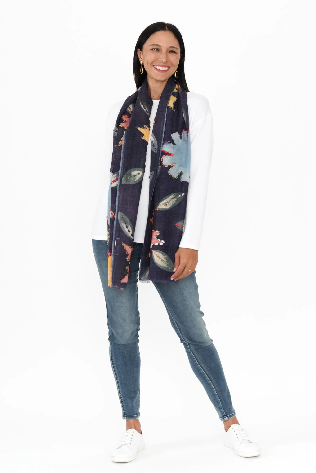 Clarice Navy Flower Wool Scarf sold by Blue Bungalow product image thumbnail 2