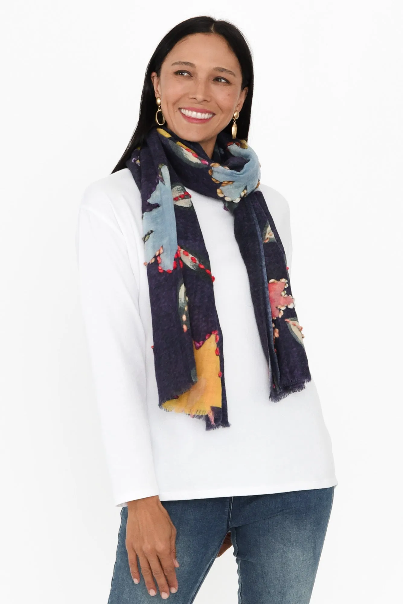 Clarice Navy Flower Wool Scarf sold by Blue Bungalow