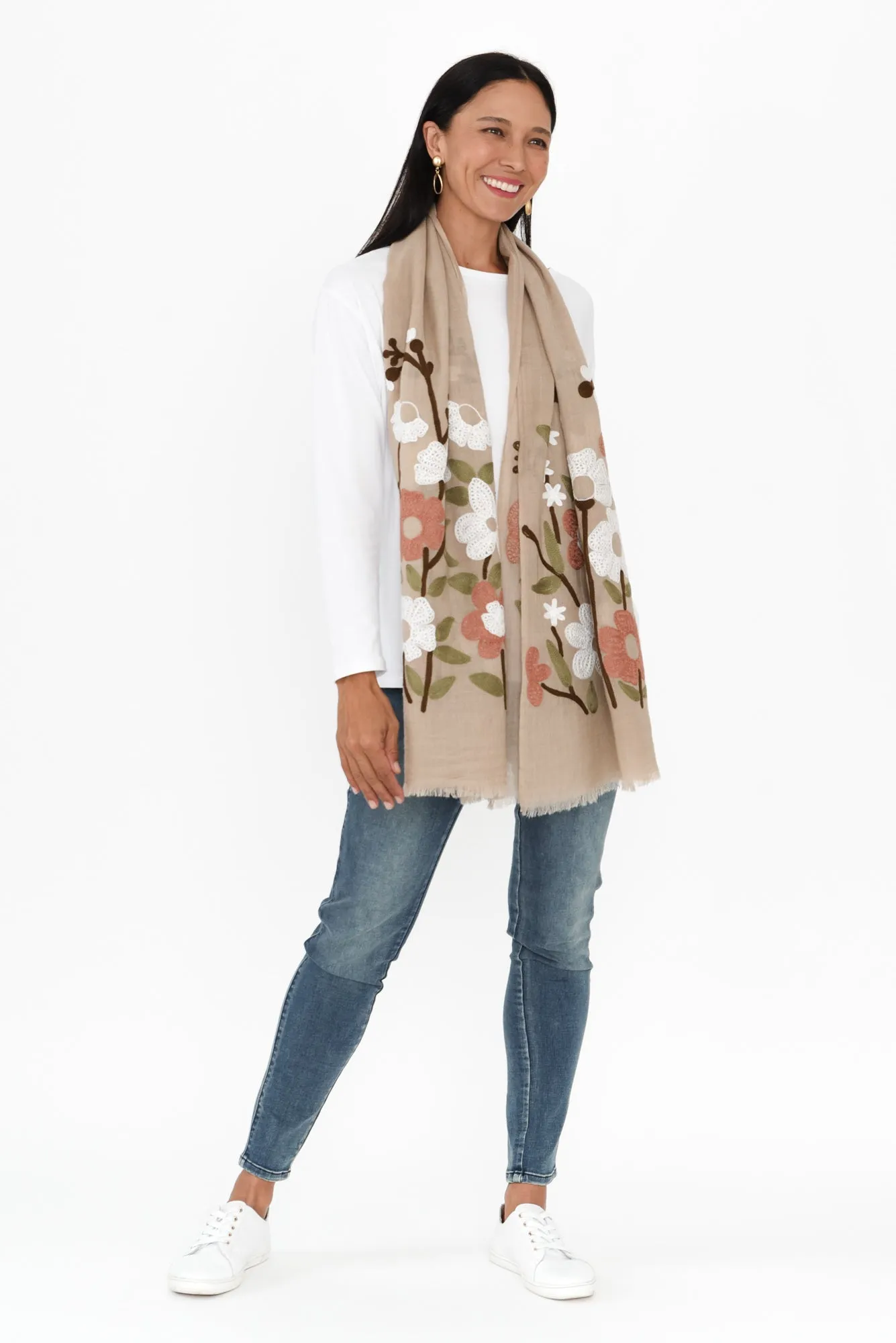 Clarice Taupe Floral Wool Scarf sold by Blue Bungalow product image thumbnail 2