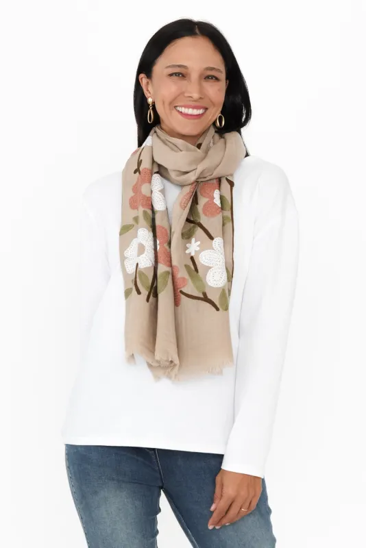 Clarice Taupe Floral Wool Scarf sold by Blue Bungalow