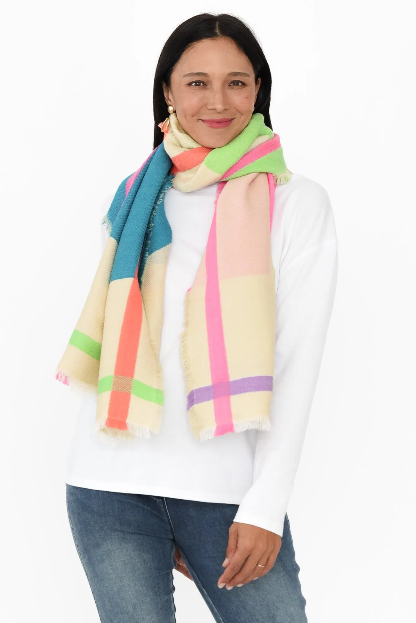 Elma Beige Check Fringe Scarf sold by Blue Bungalow