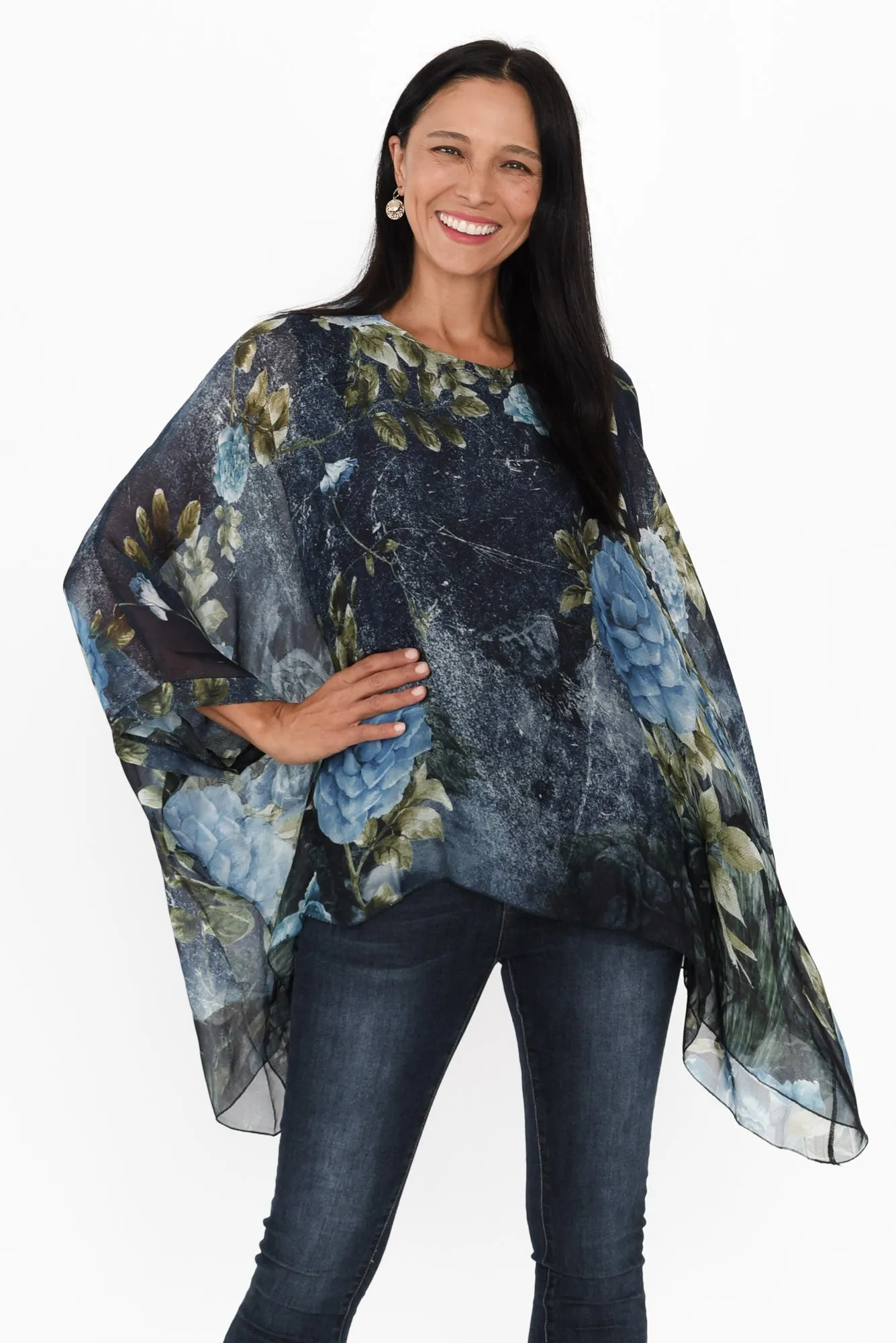 Trevino Navy Garden Silk Overlay Top sold by Blue Bungalow
