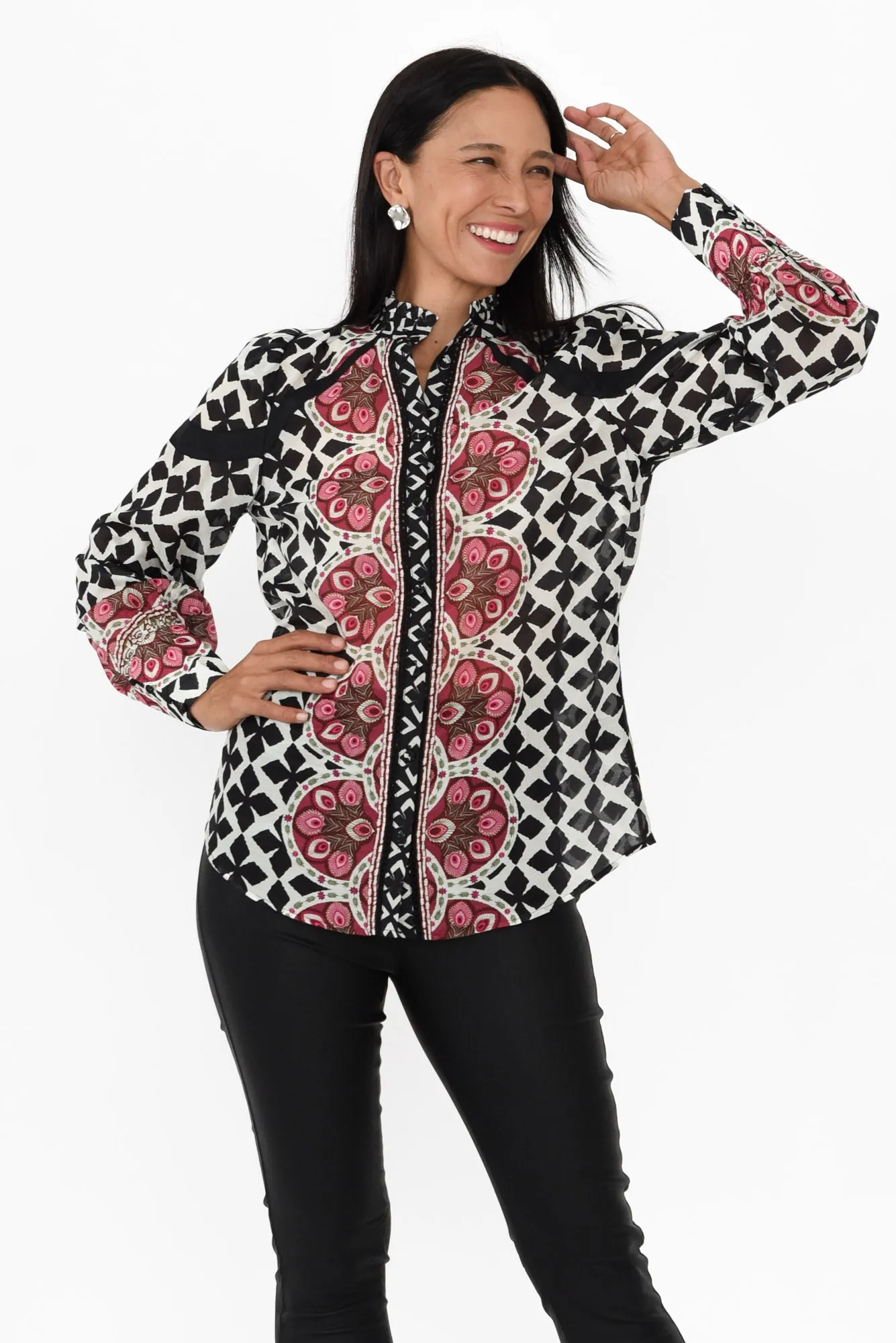 Astrid Black Geo Cotton Silk Shirt sold by Blue Bungalow