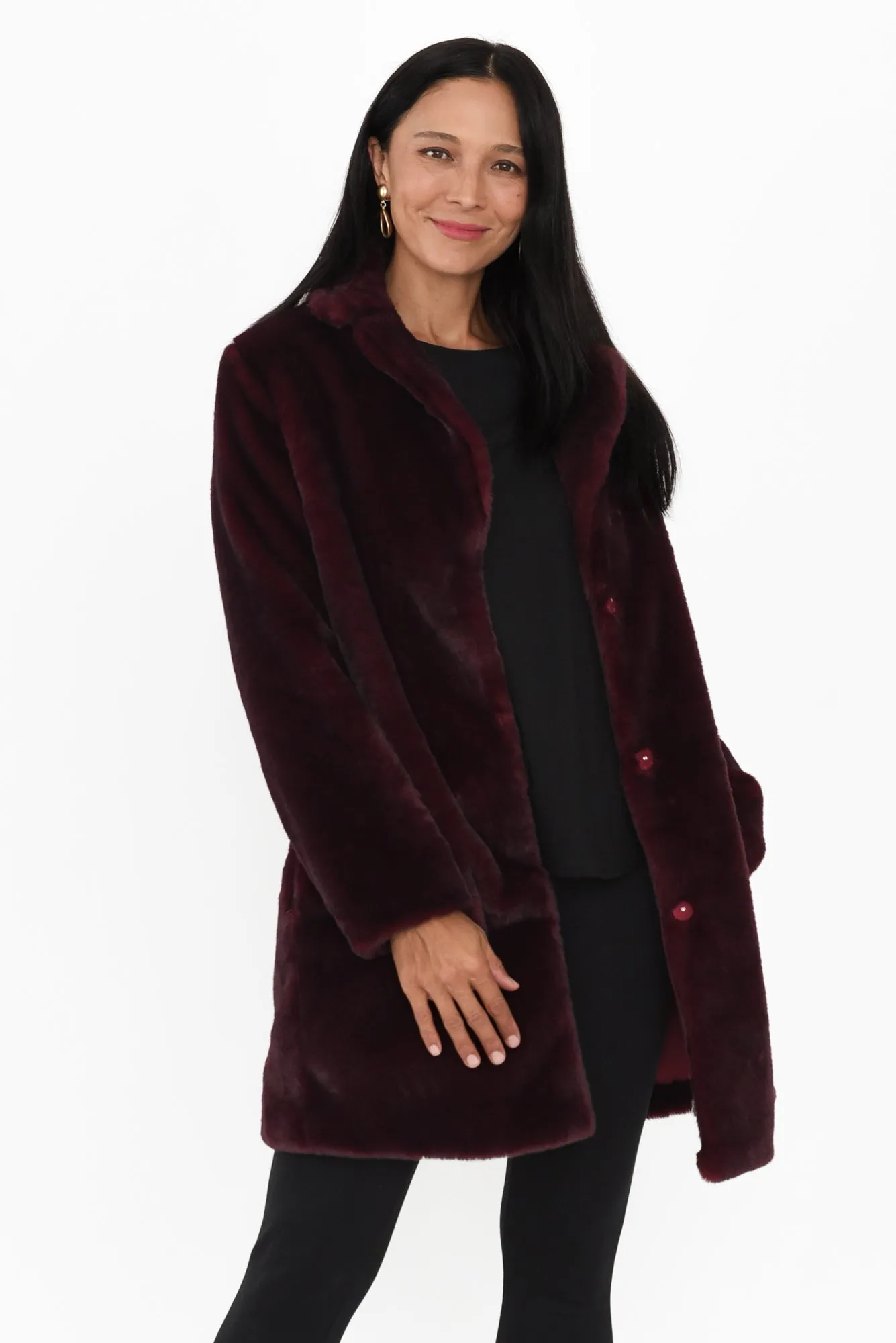 Jungle Maroon Faux Fur Jacket sold by Blue Bungalow