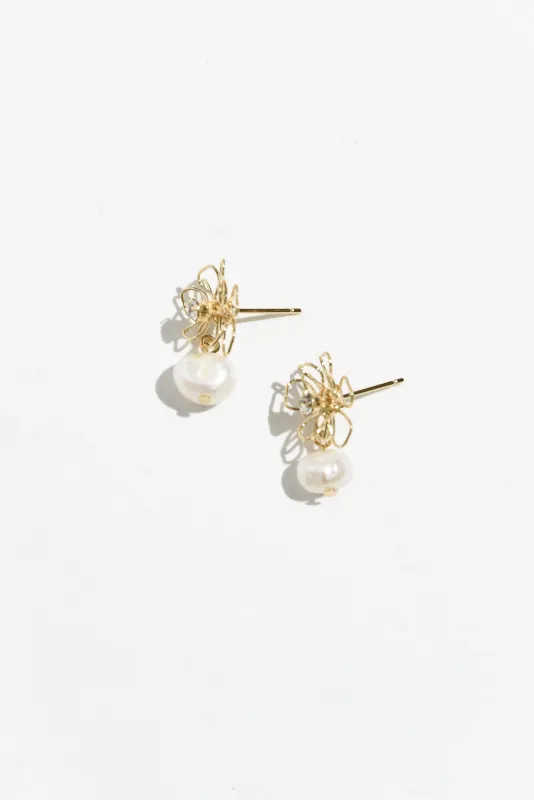 Mina Gold Flower Pearl Drop Earrings sold by Blue Bungalow