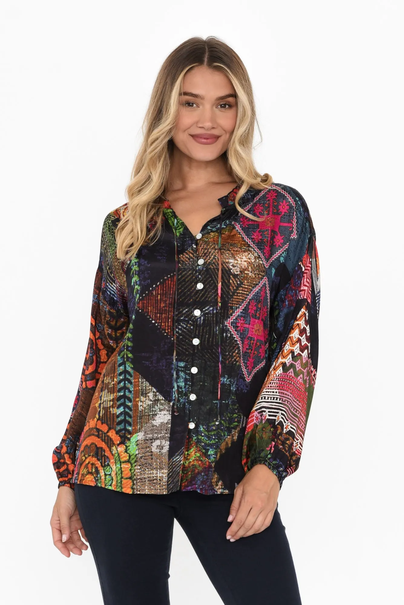 Fable Navy Geo Button Blouse sold by Blue Bungalow