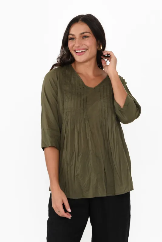 Fia Khaki Sleeved Crinkle Cotton Top sold by Blue Bungalow