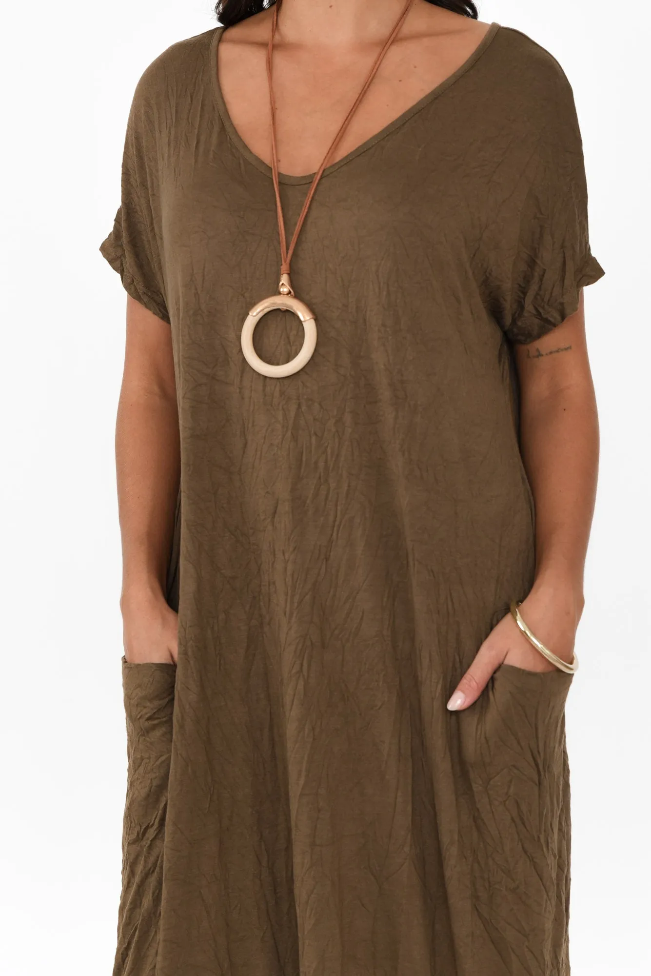 Travel Dark Khaki Crinkle Cotton Maxi Dress sold by Blue Bungalow product image thumbnail 5